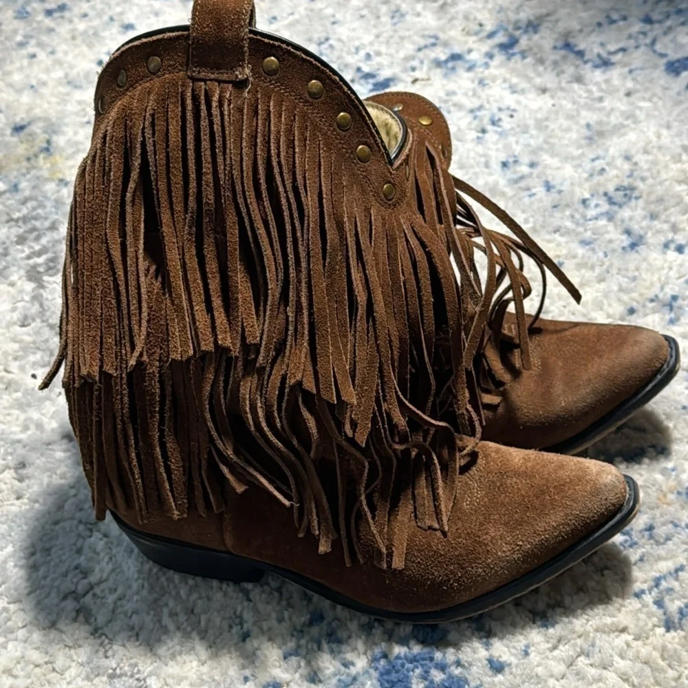 Smokey Mountain Boots brown suede fringe‎ beads leather lining Western Sz 3.5